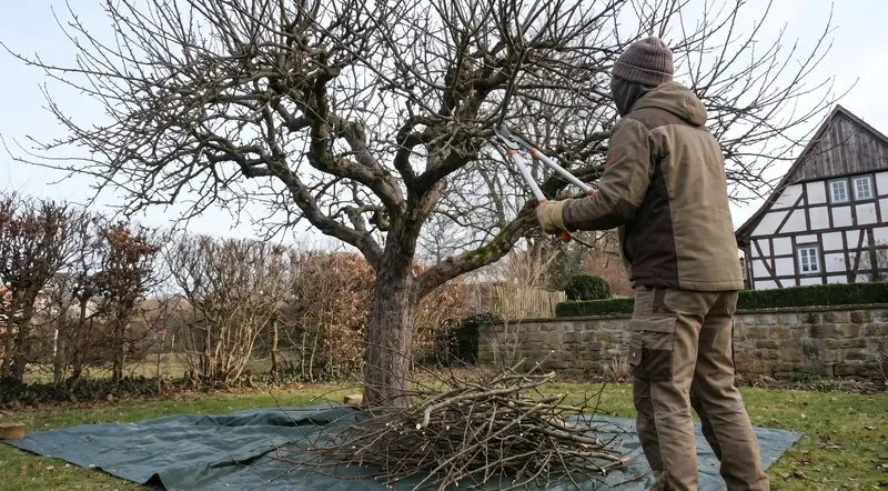Obstbaumschnitt im Winter, Schnittgut liegt gebündelt auf einer Plane